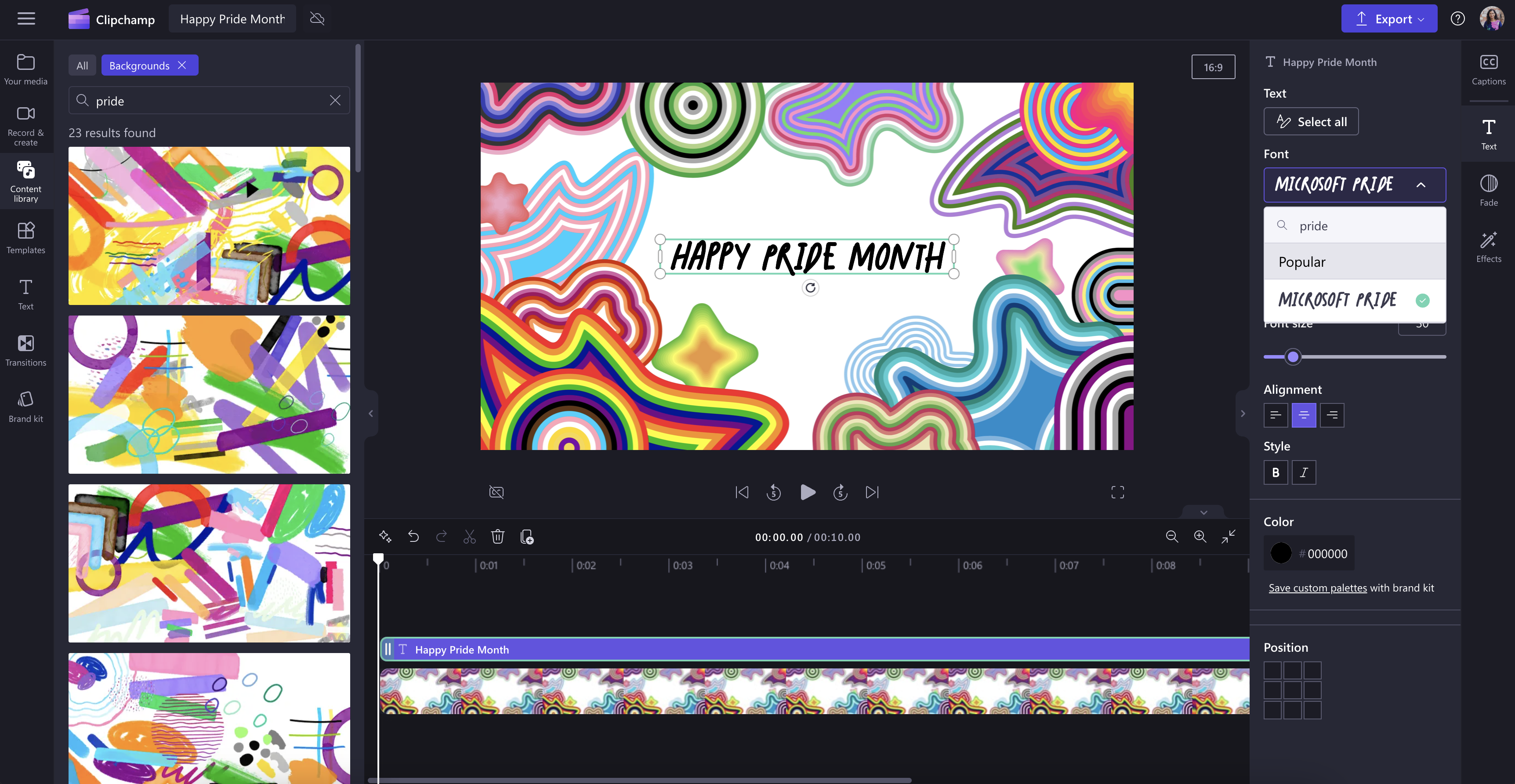 Bản xem trước phông chữ Microsoft Pride trong trình chỉnh sửa video Clipchamp